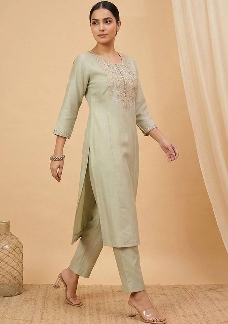Sea Green Embroidery Cotton Kurta Set - Indya