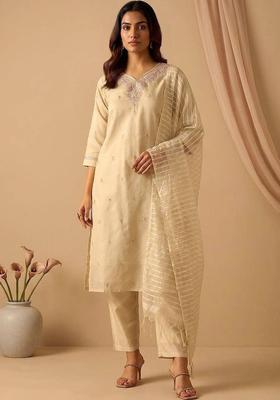 Cream Embroidery Silk Kurta Set