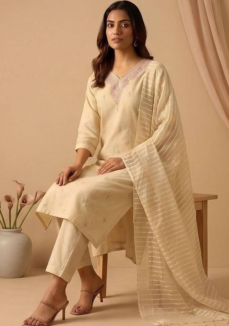 Cream Embroidery Silk Kurta Set - Indya
