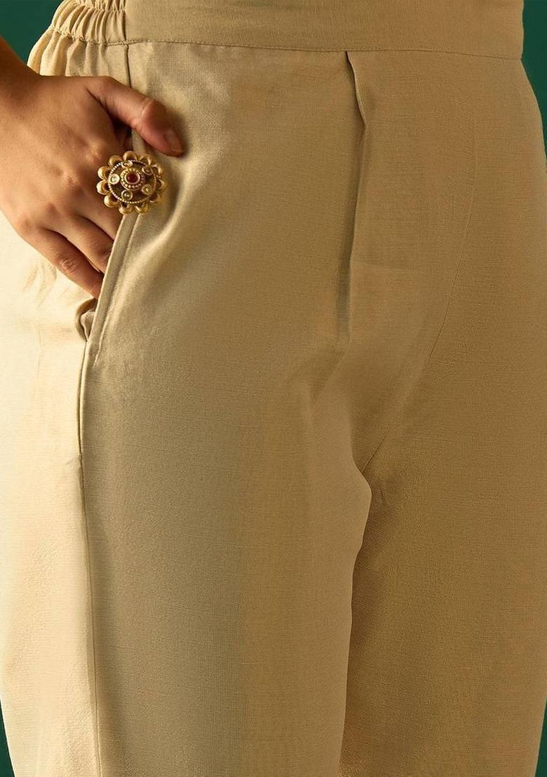 Cream Embroidery Silk Kurta Set - Indya