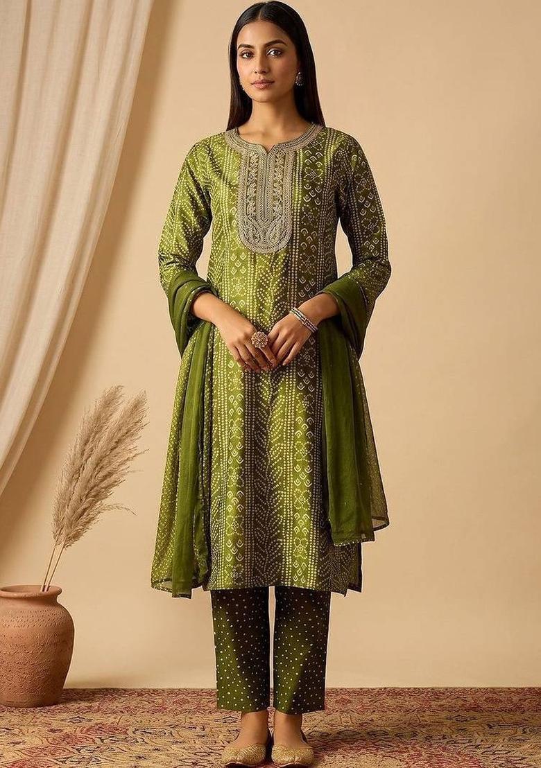 Green Floral Print Cotton Kurta Set - Indya