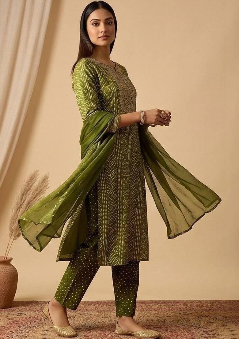 Green Floral Print Cotton Kurta Set - Indya