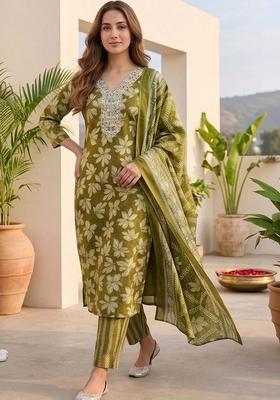 Olive Floral Print Cotton Kurta Set