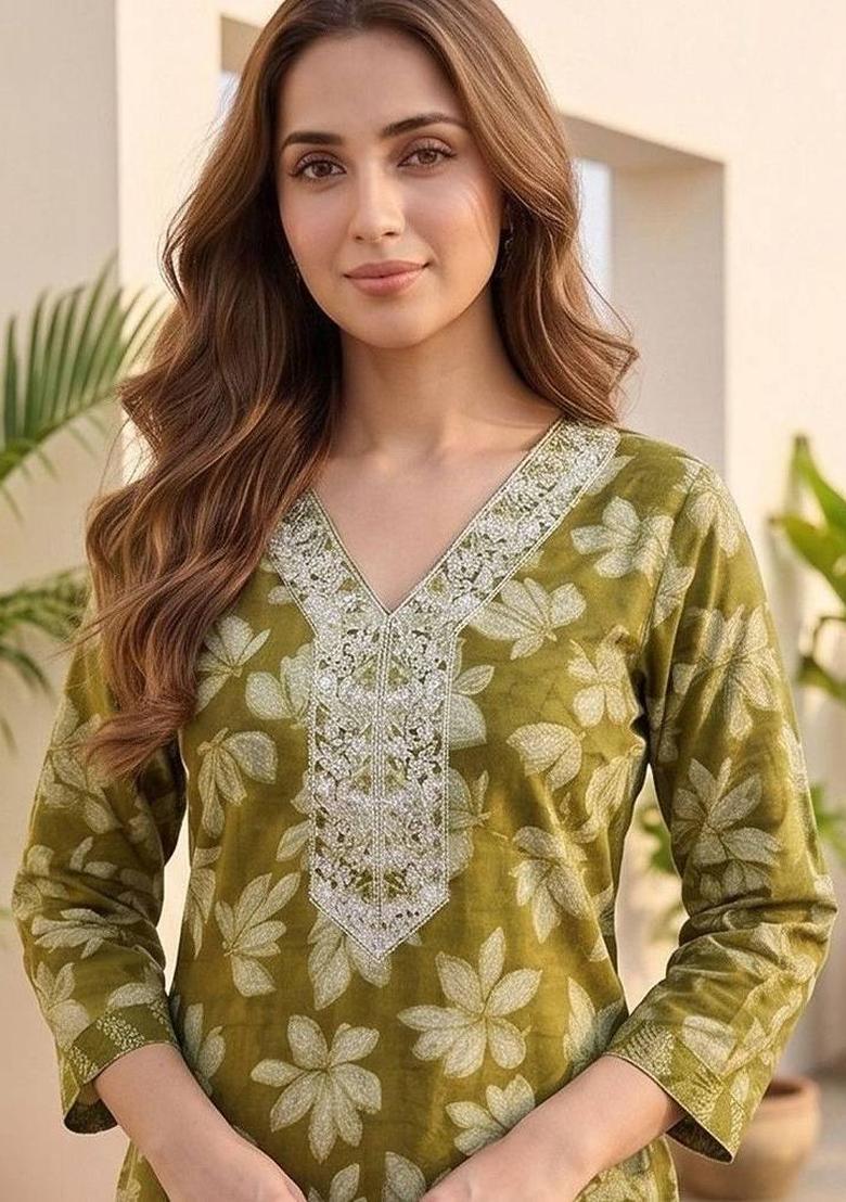 Olive Floral Print Cotton Kurta Set - Indya