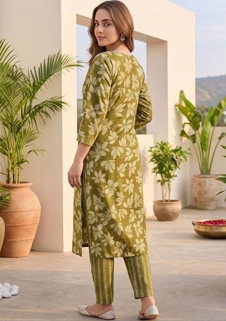 Olive Floral Print Cotton Kurta Set - Indya