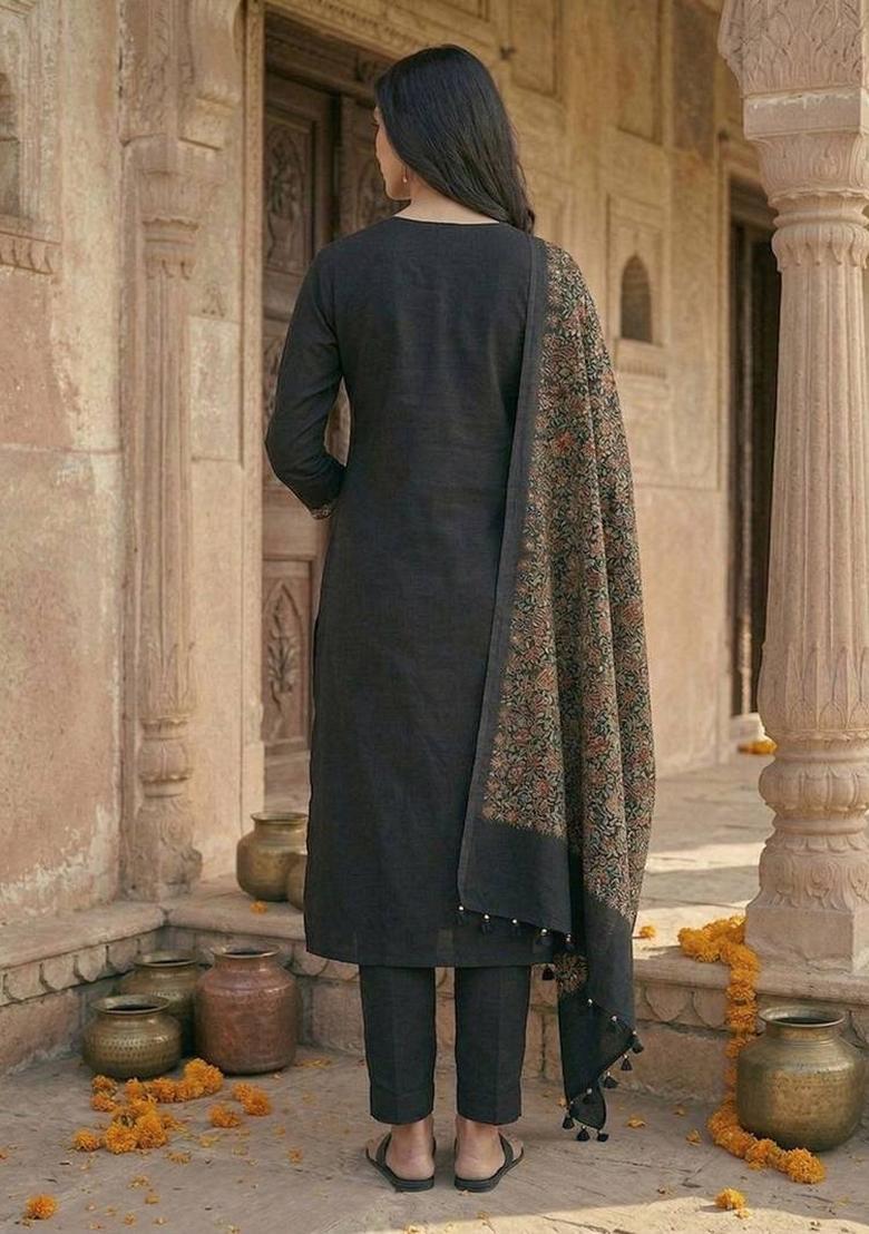 Black Solid Cotton Kurta Set - Indya