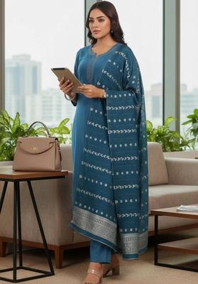Teal Thread Work Cotton Kurta Set