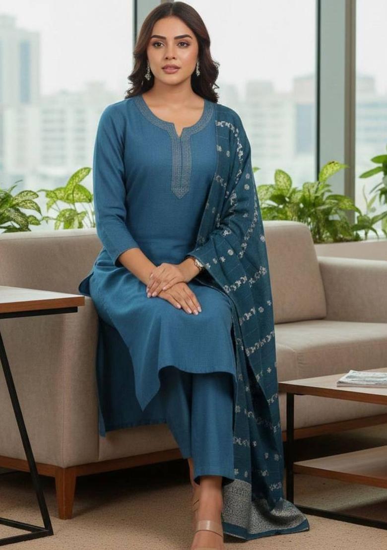 Teal Thread Work Cotton Kurta Set - Indya