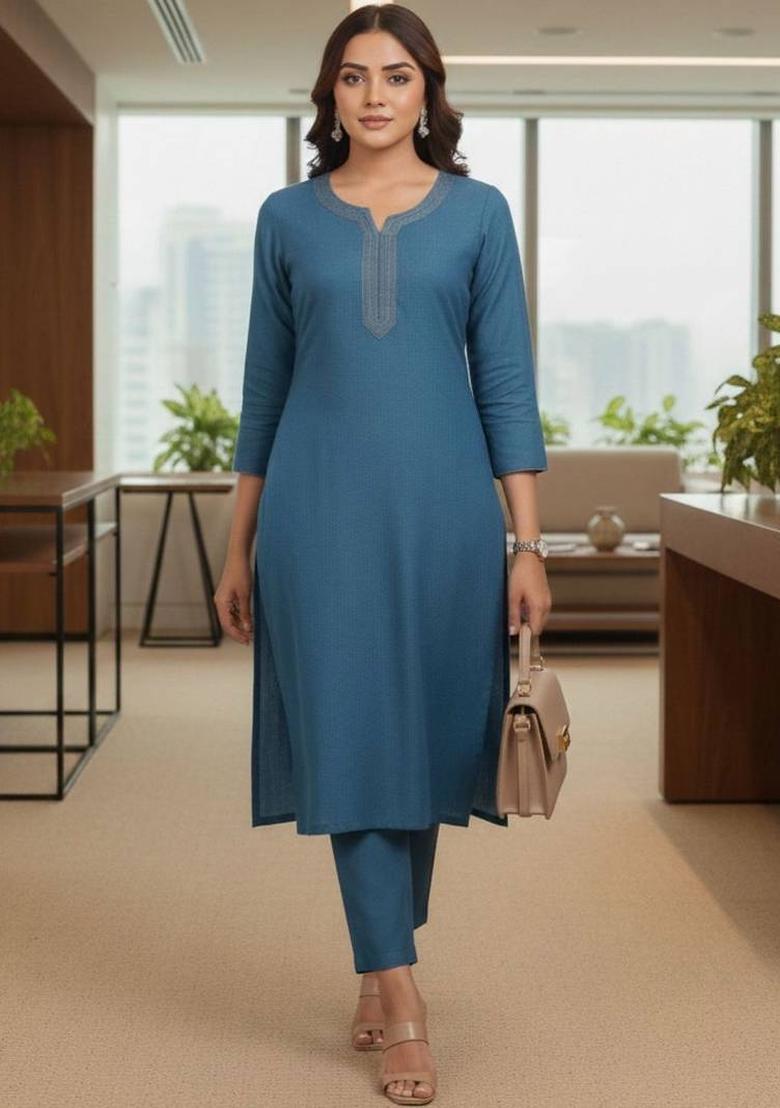 Teal Thread Work Cotton Kurta Set - Indya