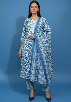 Blue Floral Print Cotton Kurta Set