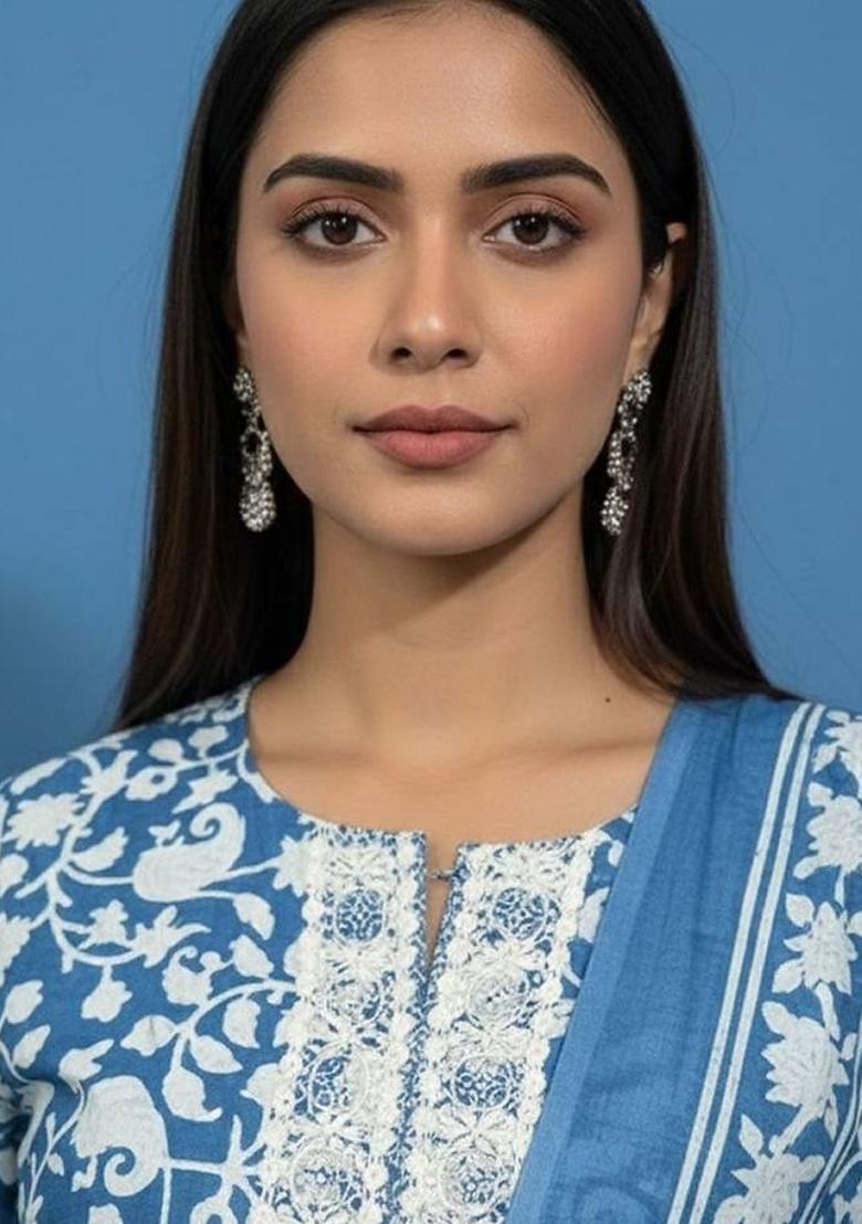 Blue Floral Print Cotton Kurta Set - Indya