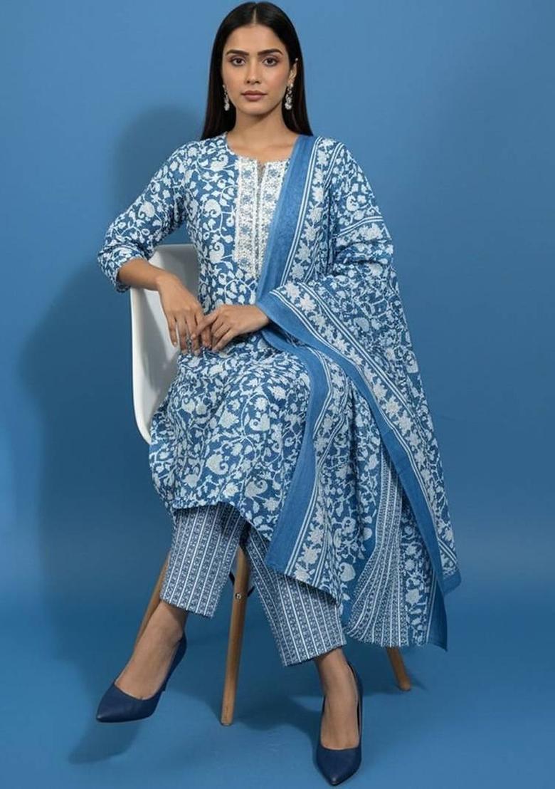 Blue Floral Print Cotton Kurta Set - Indya