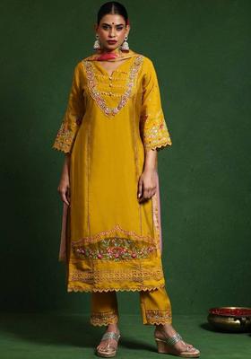 Mustard Embroidery Cotton Kurta Set