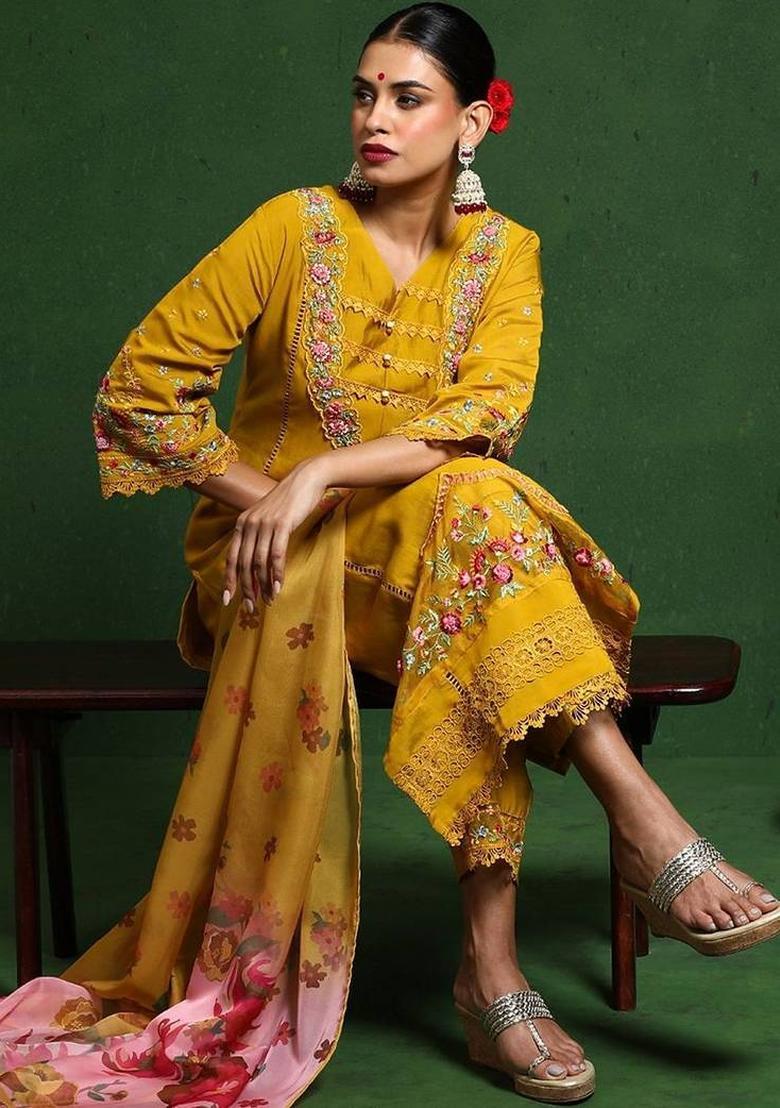 Mustard Embroidery Cotton Kurta Set - Indya