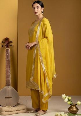 Yellow Embroidery Silk Kurta Set
