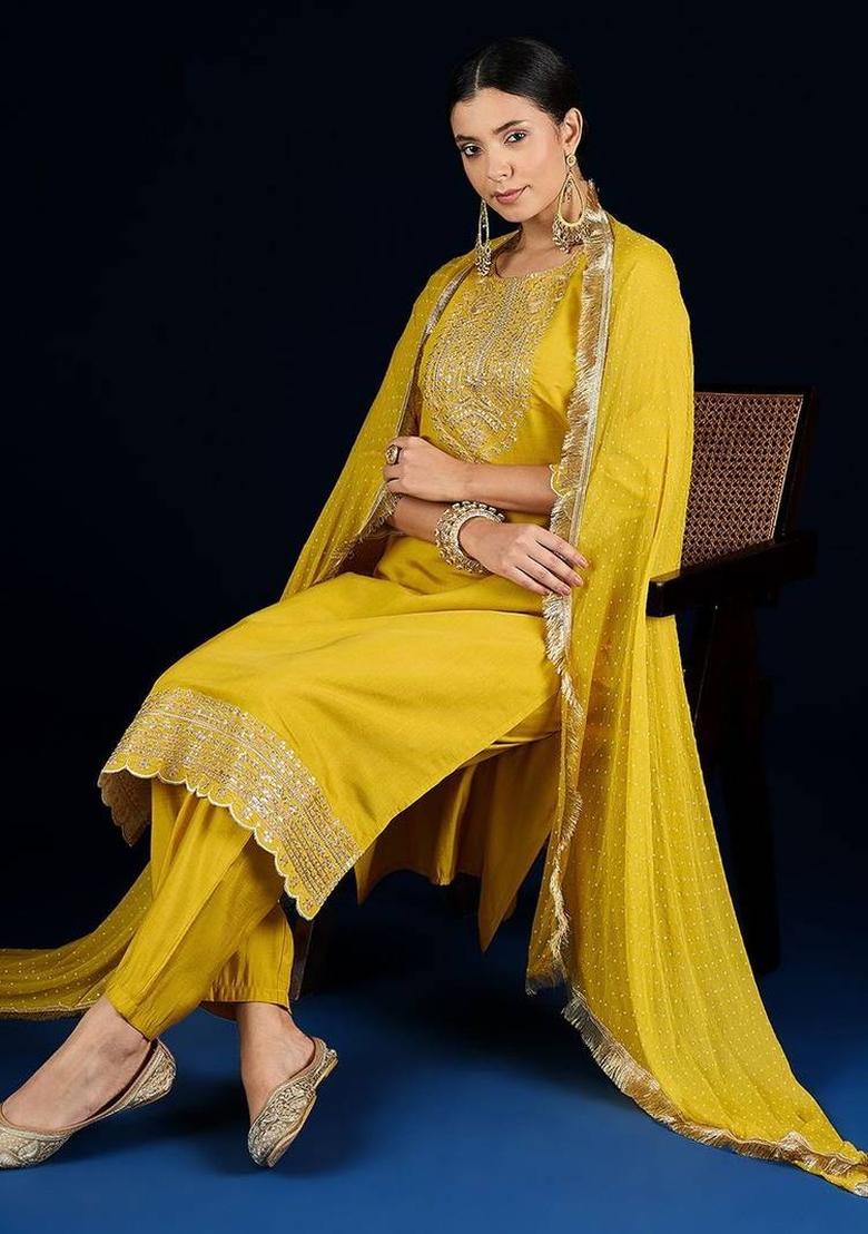 Yellow Embroidery Silk Kurta Set - Indya