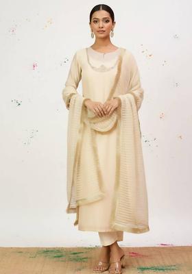 Cream Thread Work Silk Kurta Set