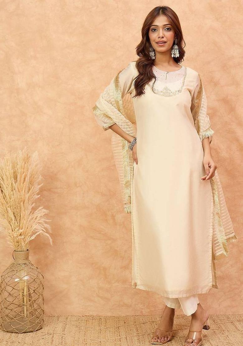 Cream Thread Work Silk Kurta Set - Indya