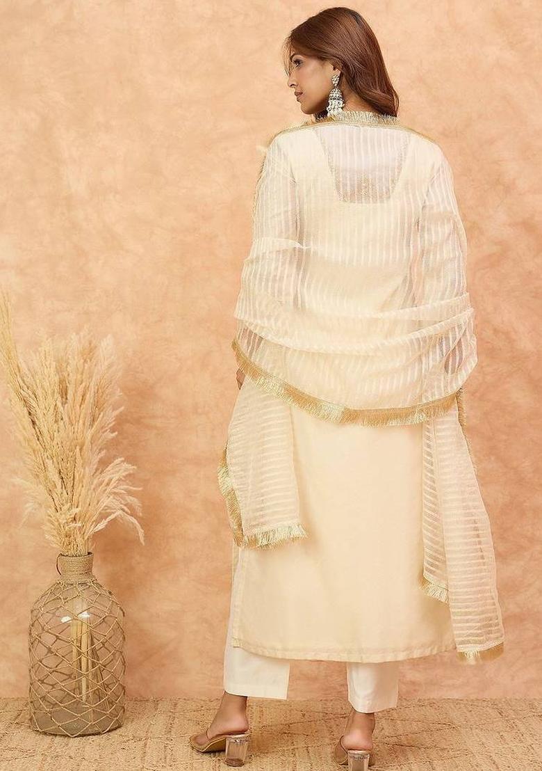 Cream Thread Work Silk Kurta Set - Indya