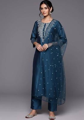 Blue Embroidery Silk Kurta Set