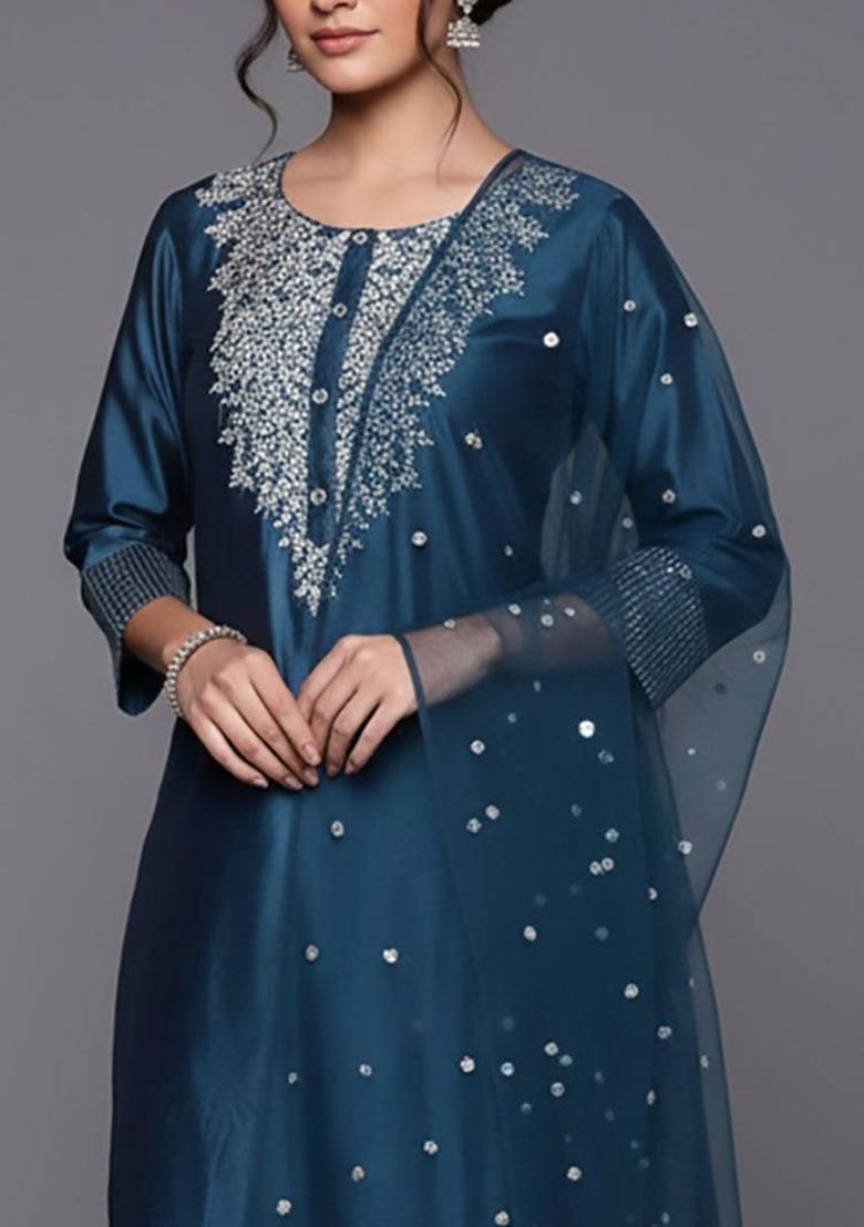 Blue Embroidery Silk Kurta Set - Indya