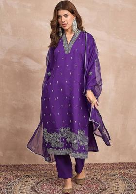 Purple Embroidery Silk Kurta Set