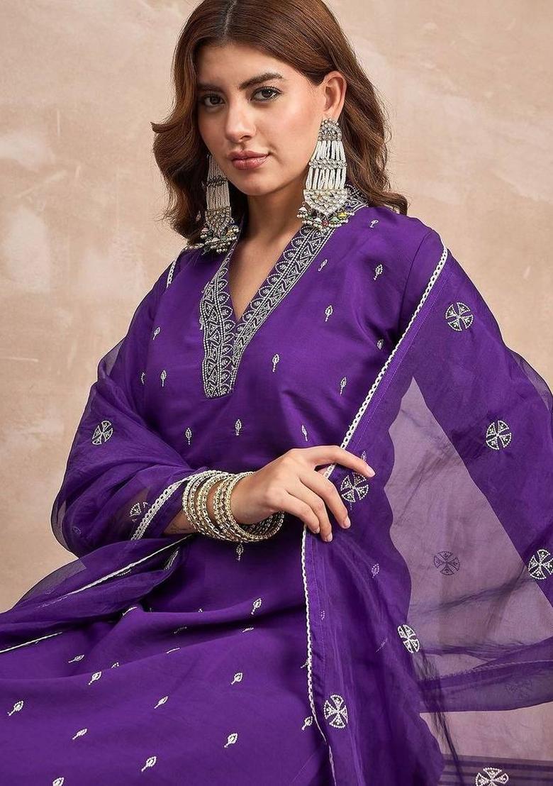Purple Embroidery Silk Kurta Set - Indya