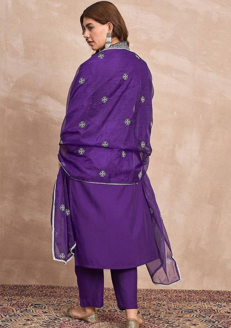 Purple Embroidery Silk Kurta Set - Indya