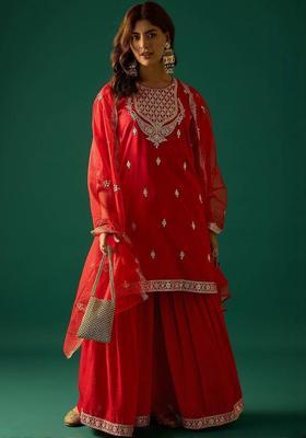 Red Embroidery Silk Kurta Set