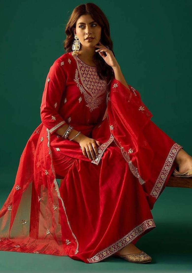 Red Embroidery Silk Kurta Set - Indya