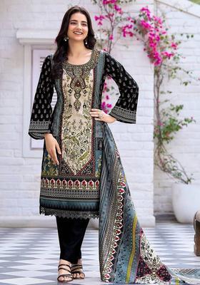 Black Floral Print Cotton Kurta Set
