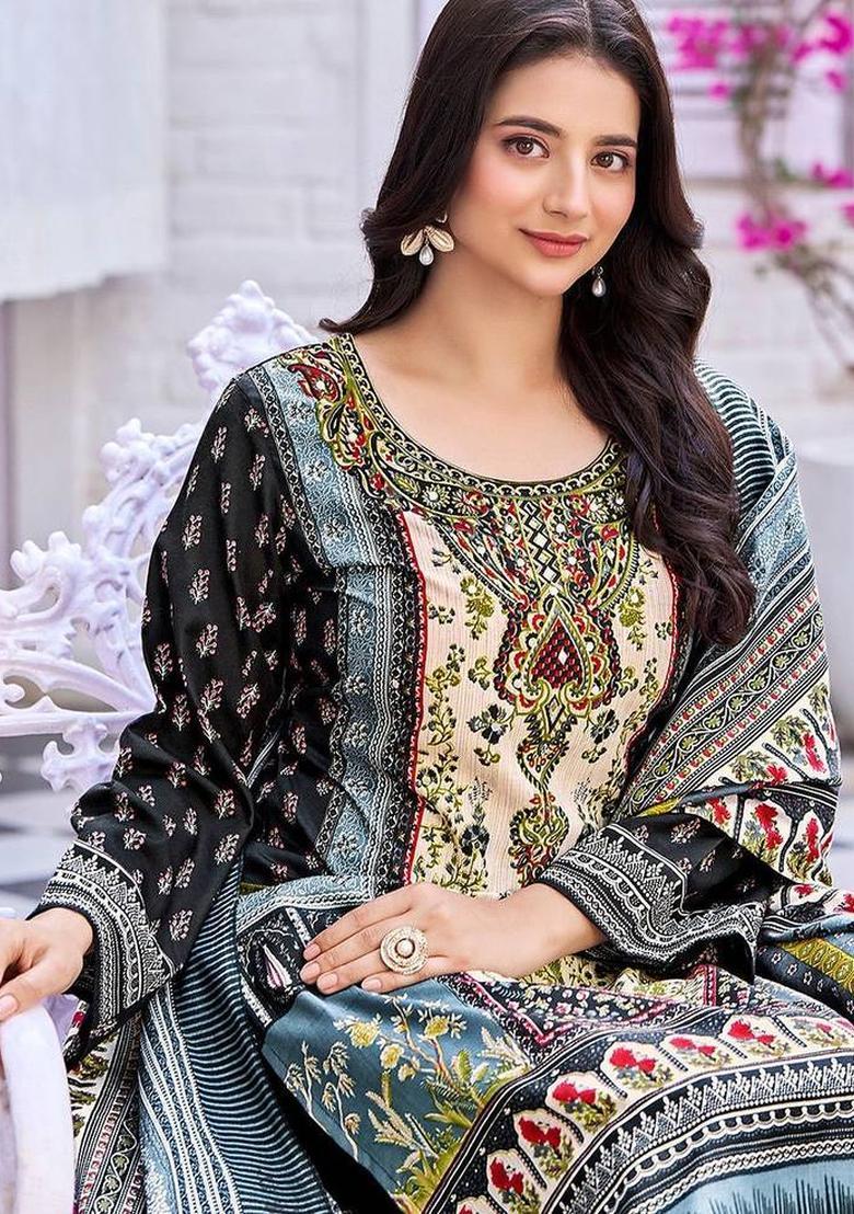 Black Floral Print Cotton Kurta Set - Indya