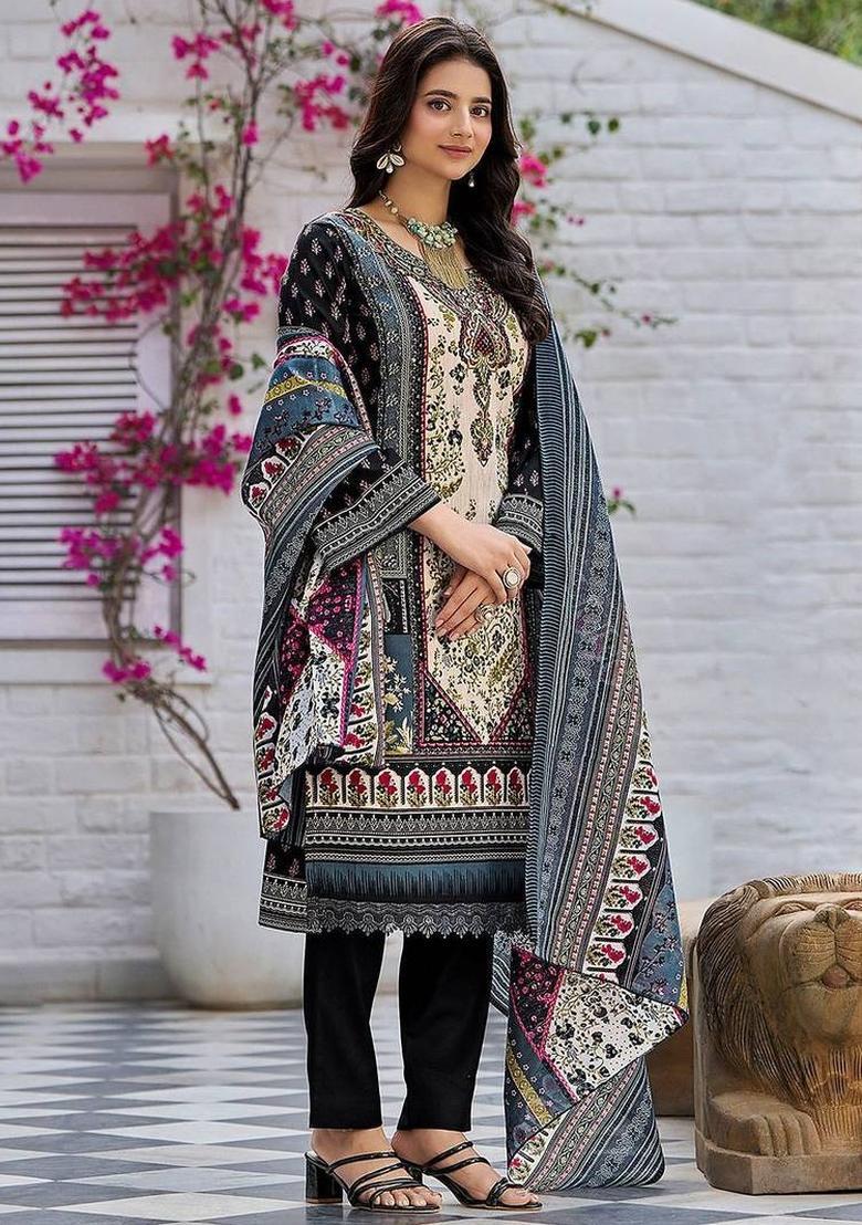 Black Floral Print Cotton Kurta Set - Indya