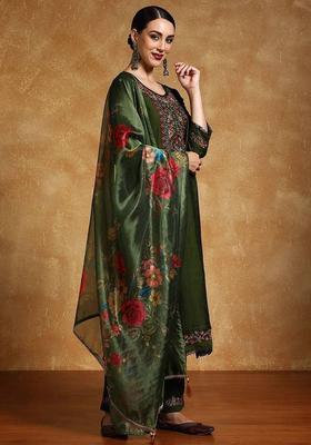 Green Thread Work Silk Kurta Set