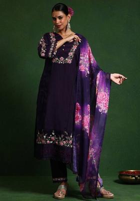 Purple Embroidery Cotton Kurta Set
