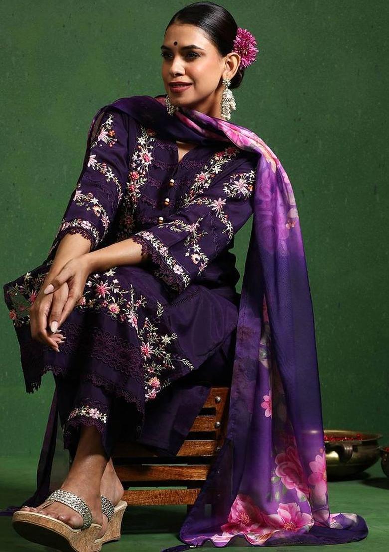 Purple Embroidery Cotton Kurta Set - Indya