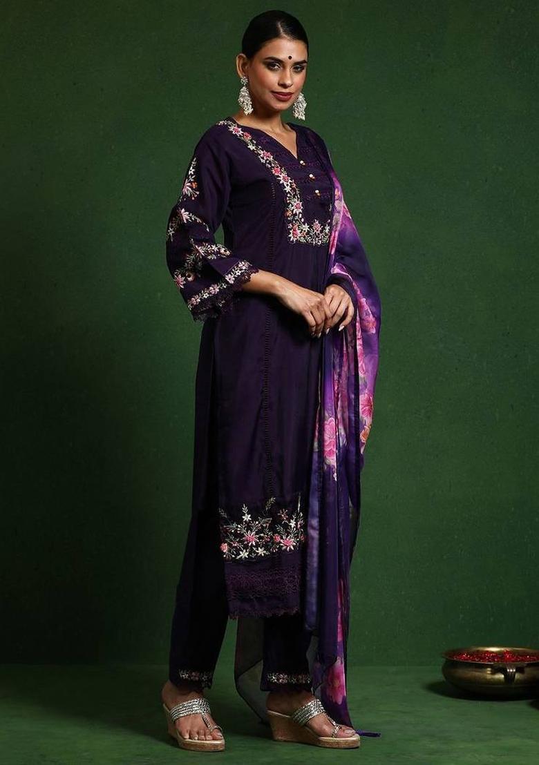 Purple Embroidery Cotton Kurta Set - Indya