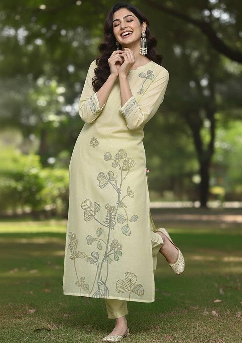 Olive Embroidery Chanderi Kurta Set - Indya