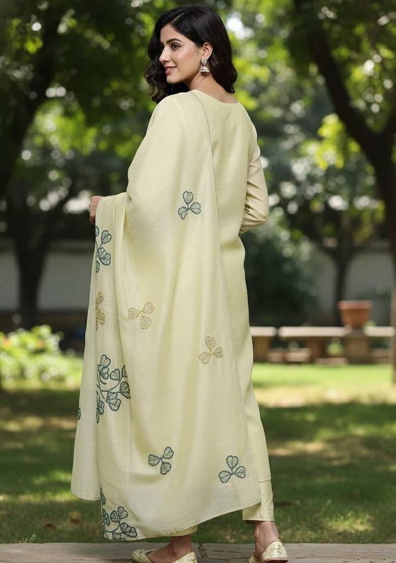 Olive Embroidery Chanderi Kurta Set - Indya