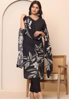 Black Floral Print Cotton Kurta Set