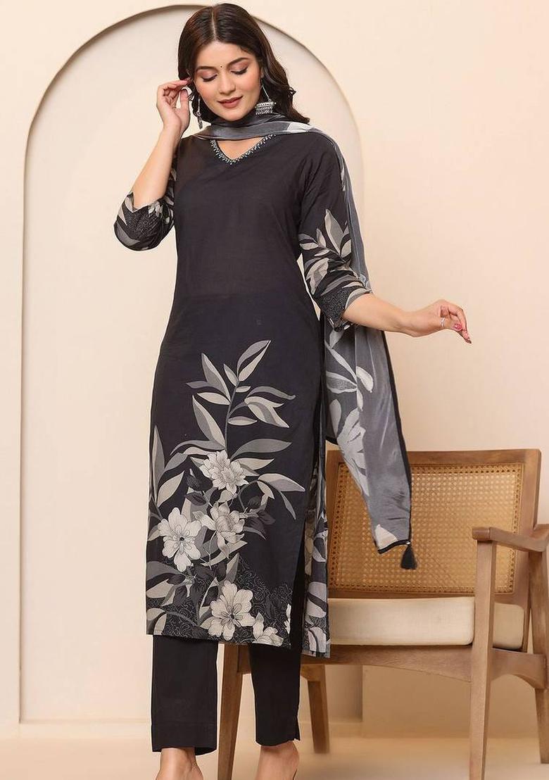 Black Floral Print Cotton Kurta Set - Indya