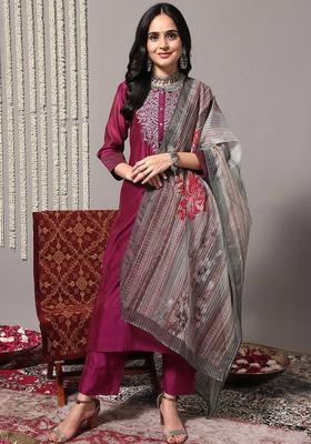 Magenta Embroidery Silk Kurta Set