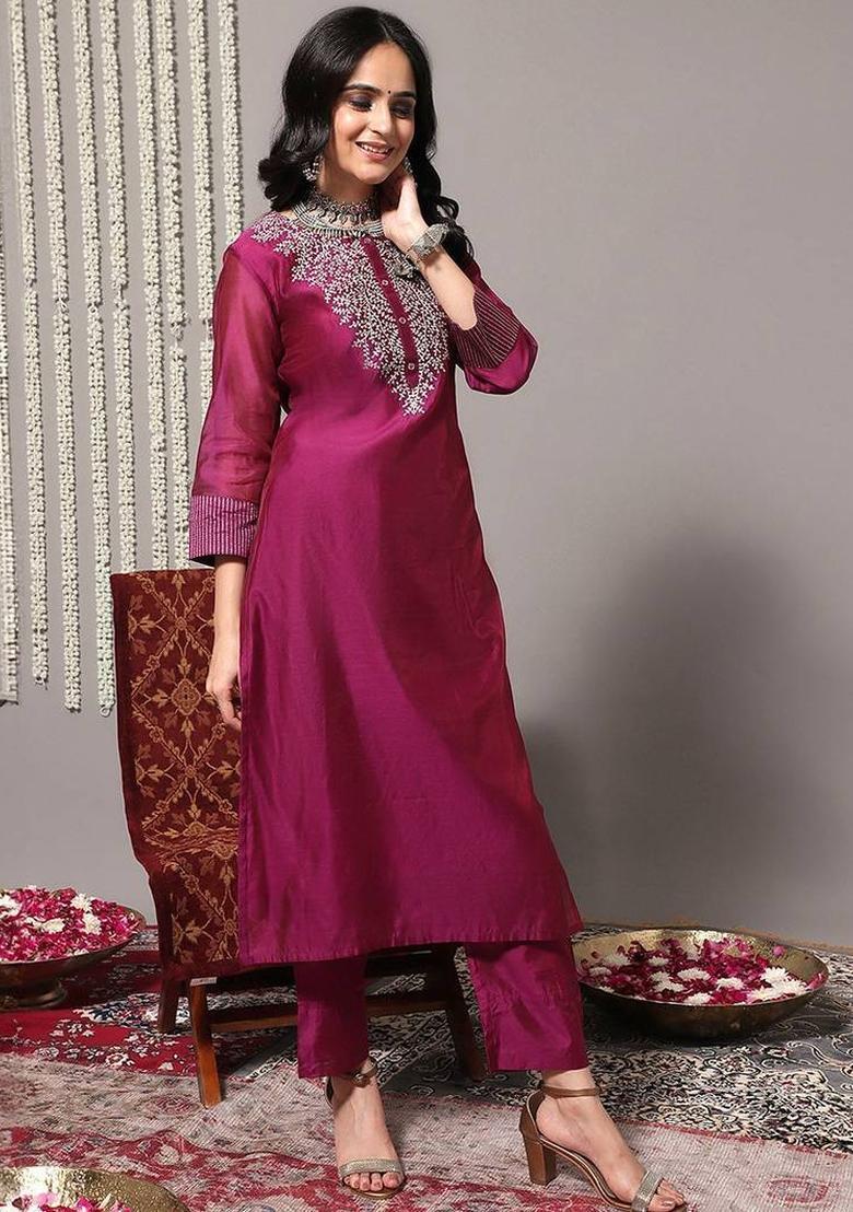 Magenta Embroidery Silk Kurta Set - Indya