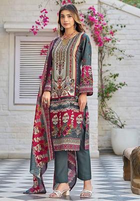 Grey Floral Print Cotton Kurta Set