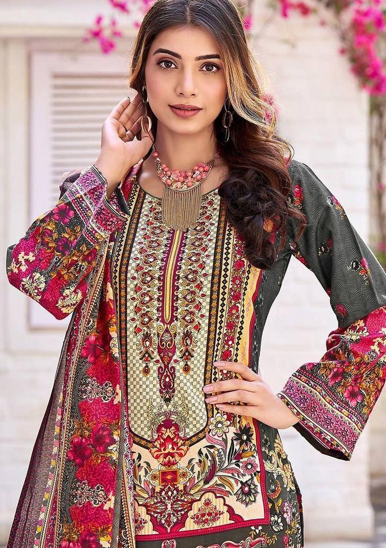 Grey Floral Print Cotton Kurta Set - Indya