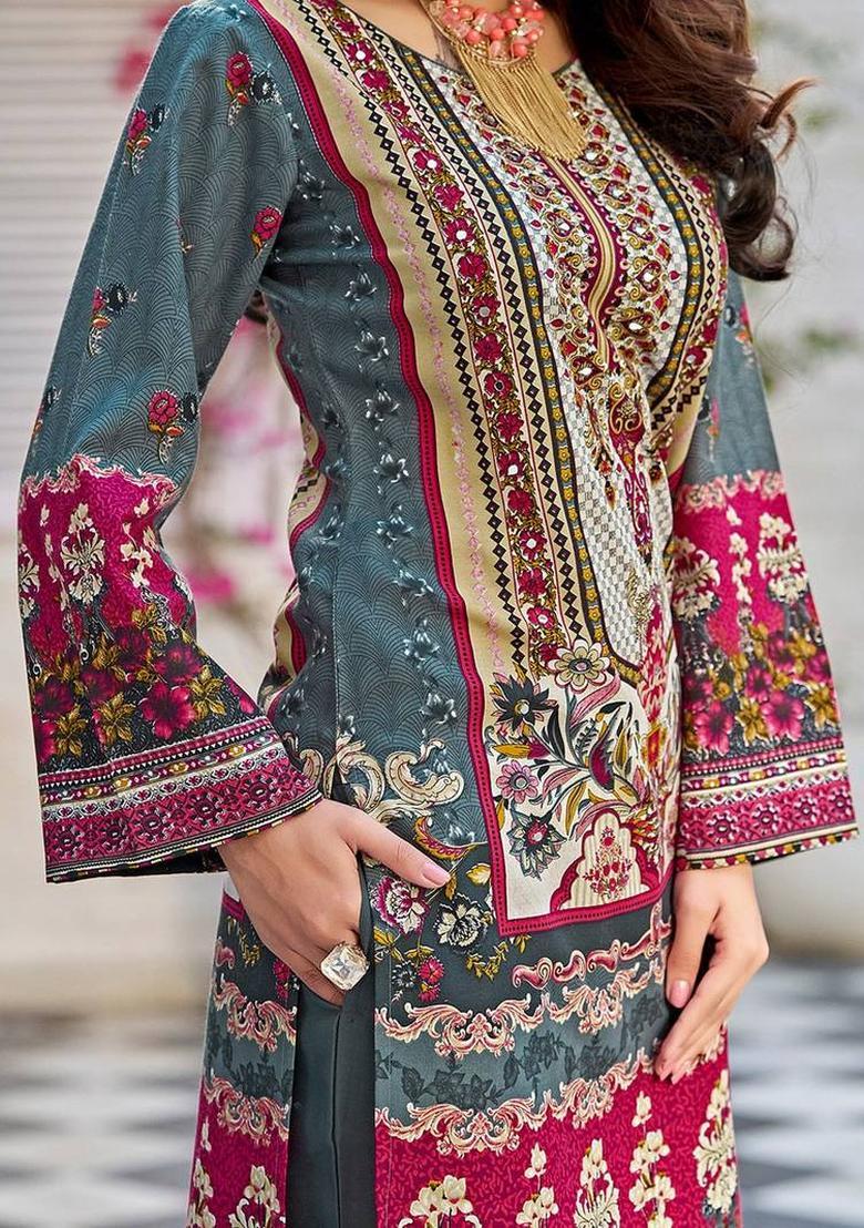 Grey Floral Print Cotton Kurta Set - Indya