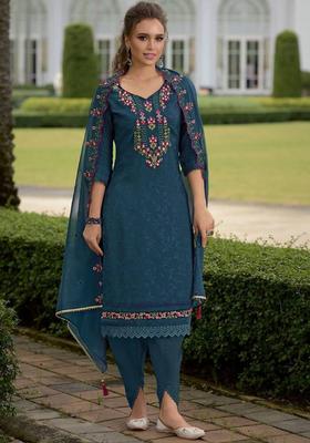 Blue Thread Work Silk Kurta Set