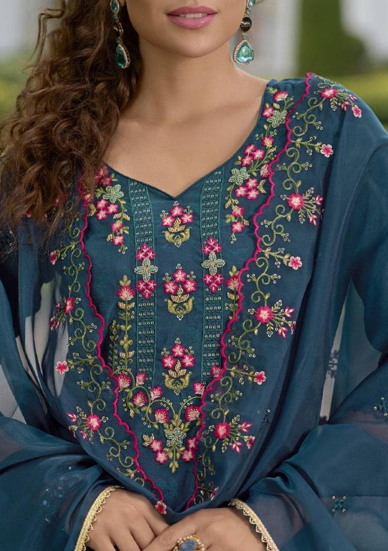 Blue Thread Work Silk Kurta Set - Indya