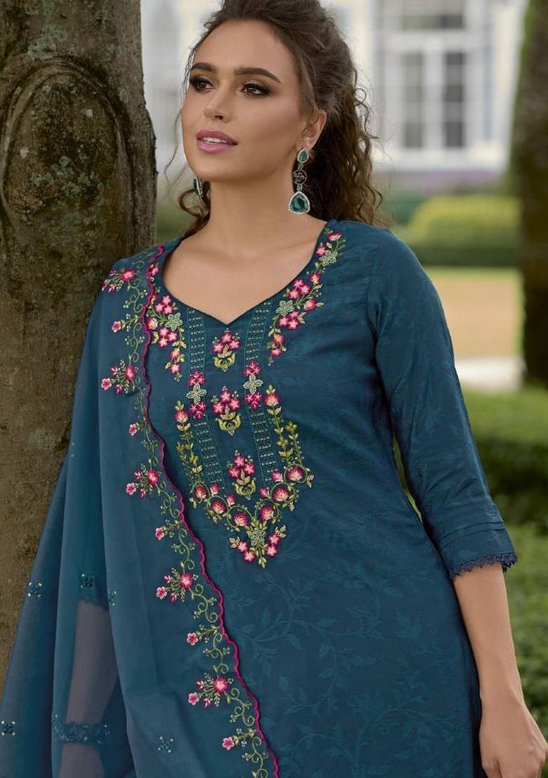 Blue Thread Work Silk Kurta Set - Indya