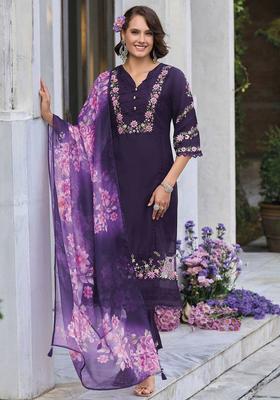 Purple Embroidery Cotton Kurta Set